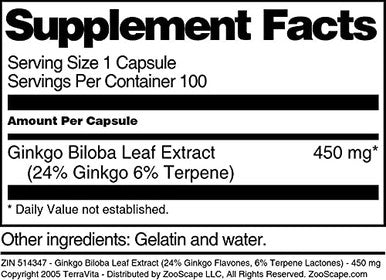 Terravita Ginkgo Biloba Leaf Extract (24% Ginkgo Flavones, 6% Terpene Lactones) - 450 Mg (100 Capsules, Zin: 514347)