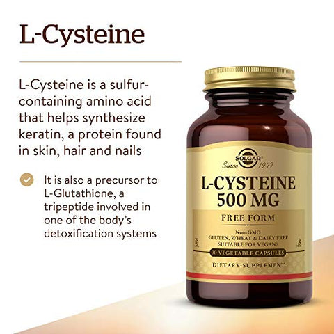 Solgar L-Cysteine 500 Mg 90 Vegetable Capsules - Free Form Amino Acid - Keratin Support For Skin Hair & Nails - Glutathione Support - Vegan Gluten Free Dairy Free Kosher 90 Servings
