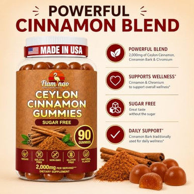 Flamingo Supplements Sugar Free Ceylon Cinnamon Gummies Sugar Regulation Neuroprotective- Supplement with Chromium and Cinnamon Bark- Alternative to Cinnamon Capsules - 90 Chews