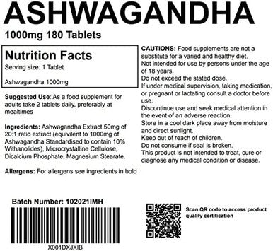 Ashwagandha Extract 1000mg 180 Tablets UK Made. Pharmaceutical Grade Supplement, Mood Stress