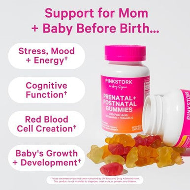 Pink Stork Prenatal + Postnatal Gummy Vitamins For Women Multivitamin For Pregnancy + Postpartum Recovery 60 Gummies