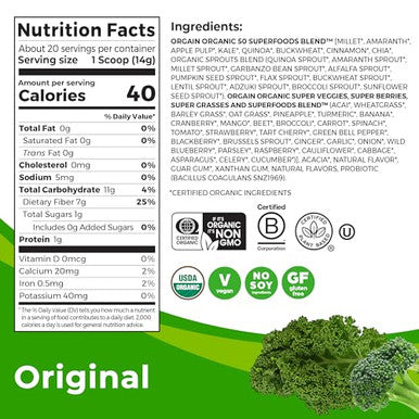 Orgain Organic Greens Powder + 50 Superfoods Original 1 Billion Probiotics For Gut Health Antioxidants Vegan Plant Based Gluten Non Gmo Dairy Juice & Smoothie Mix 0.62Lb