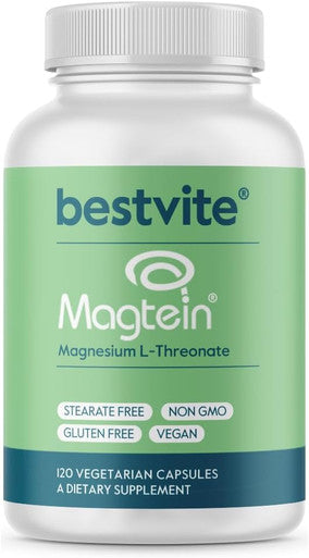 Bestvite Magtein Magnesium L-Threonate Capsules - 2000mg per Serving (120 Vegetarian Capsules) - Patented and Bioavailable Magnesium - No Stearates - No Fillers - Vegan - Non GMO - Gluten