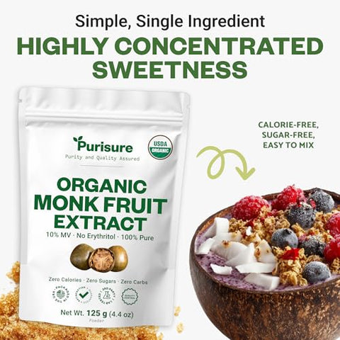 Organic Monk Fruit Extract Powder, 125g (4.41oz), No Fillers Pure USDA Organic Monk Fruit Extract Sweetener with No Aftertaste, Zero Calorie & Zero Carbs, Keto & Paleo Friendly 403 Servings