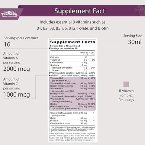Buried Treasure B Complete Liquid Vitamin B Complex With Methylcobalamin B12 & Methylfolate B9 Biotin B1 B2B3 B5 B6 Liquid & Sugar Women & Men Dose Cup For Measuring