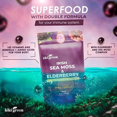 KIKI Green Sea Moss Powder Bundle Immune Support Superfood Complex 8 oz 6 oz Raw Sea Moss Burdock Root Bladderwrack Elderberry Extract for Immunity Boost Energy and Health Support