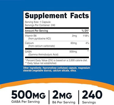 Nutricost Gaba (Gamma Aminobutyric Acid) + Vitamin B6 500Mg Per Serving 240 Capsules