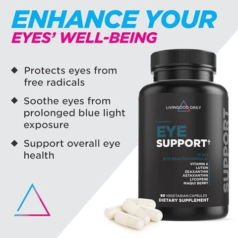 Livingood Daily Eye Support 13-In-1 Vision Supplement With Lutein Zeaxanthin Astaxanthin Vitamin A Lycopene Maqui Berry & More Promotes Healthy Eyes Blue Light Protection Vegan 60 Capsules