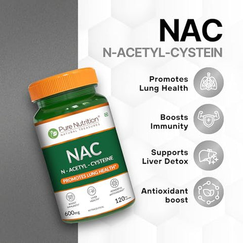 Pure Nutrition Nac (N-Acetyl L-Cysteine) 600Mg 120 Veg Capsules Antioxidant Support Supplement Supports Overall Wellness Dietary Supplement For Men & Women