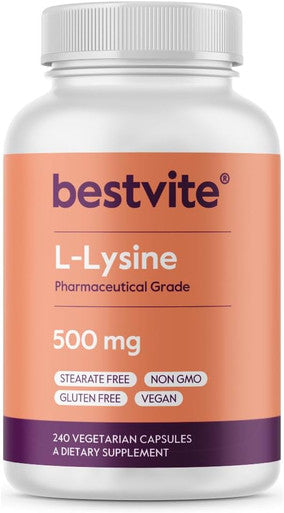 Bestvite L-Lysine 500mg per Capsule (240 Vegetarian Capsules) - No Stearates - No Fillers - No Flow Agents - Vegan - Non GMO - Gluten - No Stearic Acid - No Dicalcium Phosphate