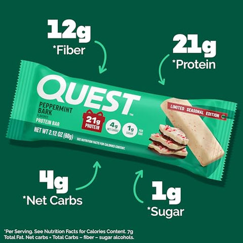 Quest Nutrition Peppermint Bark Protein Bar 21G Protein 4G Net Carb 1G Sugar Gluten Free 12 Count