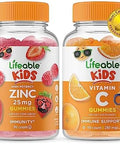 Lifeable Zinc 25Mg Kids + Vitamin C Kids Gummies Bundle Great Tasting Vitamin Supplement Gluten Gmo Chewable Gummy