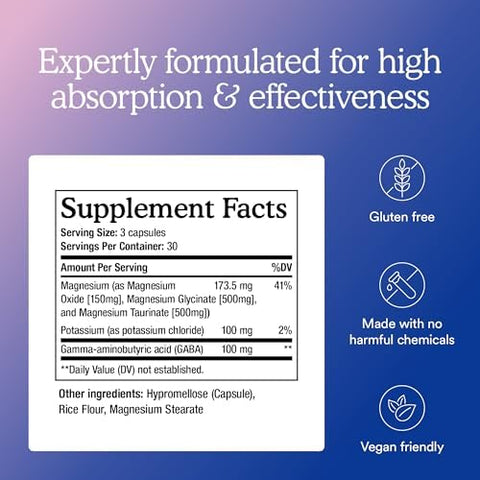 Mitoq Triple Magnesium Complex Magnesium Glycinate Taurinate Oxide With Gaba For Heart Health Stress Management & Deeper Sleep High Absorption 90 Capsules