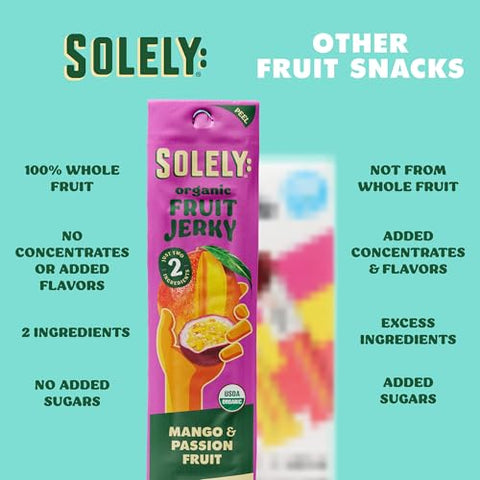SOLELY - Organic Mango Passion Fruit Jerky - 1 Individually Wrapped Strip - Fruit Leather Made from Dried Fruit - Healthy Snacks for Adults & Kids - Non GMO, Vegan Snacks - 0.8oz (23g)