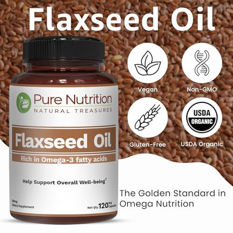 Pure Nutrition Flaxseed Oil 1000Mg With Omega 3 6 9 I 120 Veg Caps Naturally Providing 500Mg Alpha-Linolenic 134 Mg Linoleic And 188Mg Oleic Acid