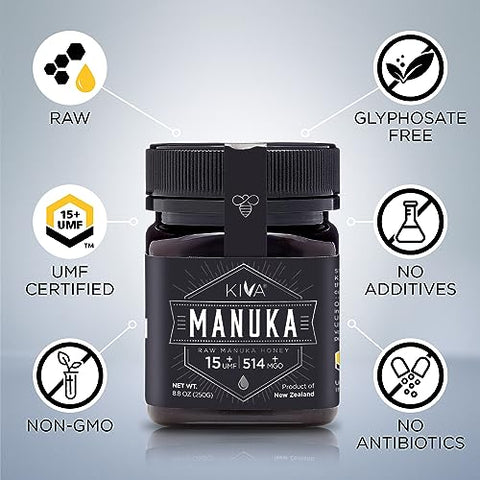 Kiva Raw Manuka Honey - Certified UMF 15+, MGO 514+ 100% Pure Genuine New Zealand, Non-GMO, Traceable (8.8oz/250g Bottle)