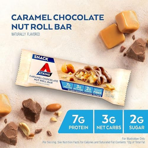 Atkins Caramel Chocolate Nut Roll Snack Bar Protein Snack High In Fiber 2G Sugar 5 Count