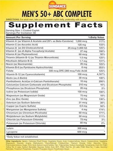 Sundance Men's 50+ Multivitamin Caplets with Vitamins A C E B6 B12 Multimineral Formula NonGMO and Gluten Free Supplement