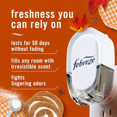 Febreze Plug In Air Freshener Odor-Fighting Scented Oil Refill Air Fresheners For Home And Bathroom And Kitchen Long Lasting For Strong Odors Pumpkin Roll Scent 0.87Oz Refills 2 Count