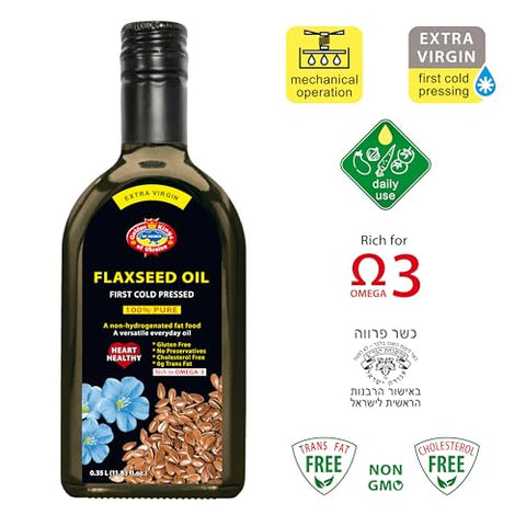 Flax Seed Cooking Oil - Amber Glass Bottle - Extra Virgin, Cold Pressed Flaxseed Oil Unrefined and Non-Deodorized Pure Essential 11.83 OZ