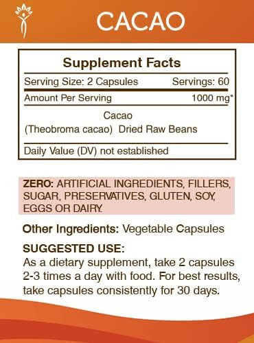 Secrets of the Tribe Cacao 120 Capsules, Made with Vegetable Capsules and Cacao (Theobroma Cacao) Dried Raw Beans (120 Capsules)