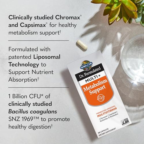 Garden Of Life Dr. Formulated Multi Metabolism Support - Fermented Liposomal Multivitamin Chromax Capsimax Berberine & Probiotics 30 Capsules