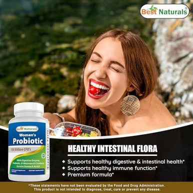 Best Naturals Probiotics For Women 100 Billion Cfu 10 Strains + Prebiotics Fiber + Digestive Enzyme Blend + Women'S Health Herbal Blend Immune Digestive & Gut Health 60 Deleyaed Capsules