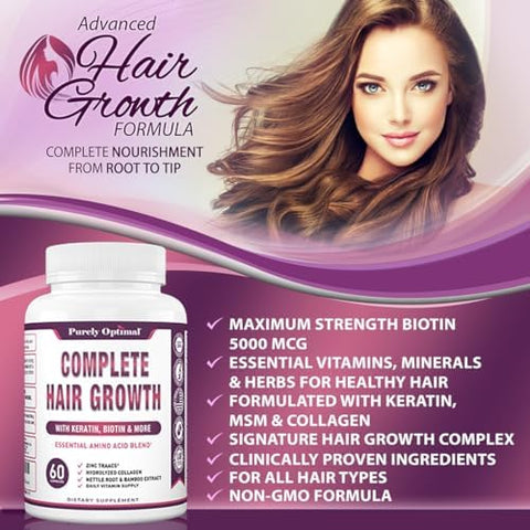 Purely Optimal Hair Growth Vitamins Supports Thicker Stronger Hair Growth Healthy Skin and Nails Biotin Collagen Keratin EasytoTake Unflavored 60 Capsules