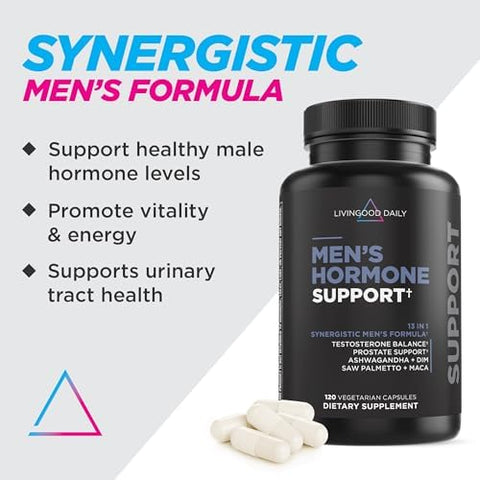 Livingood Daily Men'S Hormone Support Supplement For Vitality & Balance 14-In-1 Testosterone Booster For Men With Ashwagandha Maca Dim Zinc Saw Palmetto Vitamin B12 & More Vegan 120 Capsules