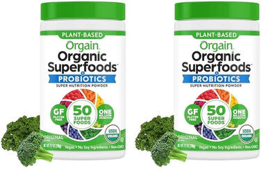 Orgain Organic Greens Powder + 50 Superfoods Original 1 Billion Probiotics For Gut Health Antioxidants Vegan Plant Based Gluten Non Gmo Dairy Juice & Smoothie Mix 0.62Lb