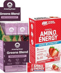 Amazing Grass Bundle: Optimum Nutrition Amino Energy Plus Electrolytes Stick Packs Strawberry Burst 7 Count Greens Superfood Energy: Watermelon With Plant Based Caffeine 30 Servings