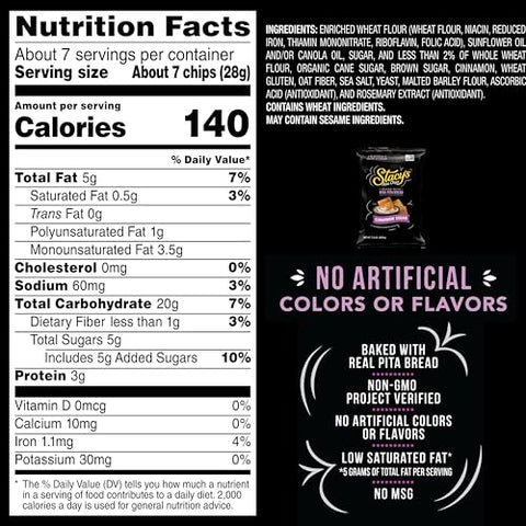 StacyÃƒÂ¢Ã¢â€šÂ¬Ã¢â€žÂ¢s Pita Chips, Cinnamon Sugar, No Artificial Colors or Flavors, 7.33 oz Bag