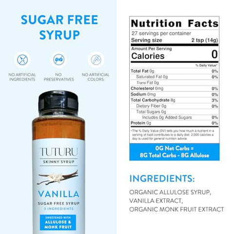 Sugar Free Vanilla Simple Syrup for Coffee, Cocktails, Matcha - Sweetened with Allulose and Monk Fruit - Infused with Real Vanilla - 13.5 oz