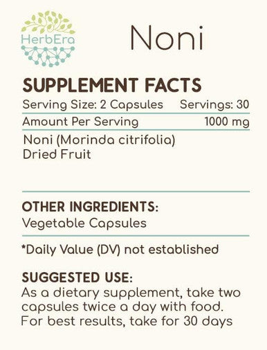 HerbEra Noni 60 Capsules, 500 mg, Noni (Morinda citrifolia) Dried Fruit (60 Capsules)