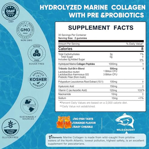 Ellamentz Marine Collagen Gummies For Women - Hydrolyzed Marine Collagen Peptides With Prebiotics & ProbioticsHyaluronic Acid NiacinamideVitamin C Supplement For Hair Nail Sk N J Int Health 120 Counts
