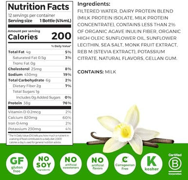 Orgain 38G High Protein Shake Dairy Isolate Protein Milk Vanilla 6G Bcaas 1G Sugar Per Serving Meal Ready To Drink Keto Friendly Gluten 14 Fl Oz (Pack Of 12)