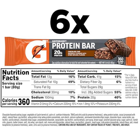 Gatorade Whey Protein Recover Bars Chocolate Chip 2.8 Oz 6 Ct