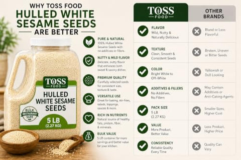 TOSS Hulled White Sesame Seeds, 5 LB Bulk Resealable Jar ÃƒÂ¢Ã¢â€šÂ¬Ã¢â‚¬Å“ Premium Baking & Cooking Ingredient with Nutty Flavor