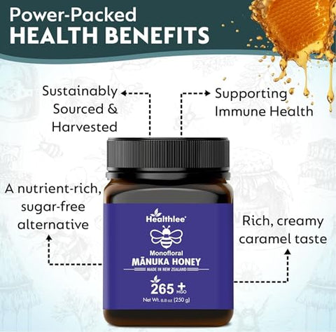 Manuka Honey MGO 265+, Genuine Raw New Zealand Honey, Multi-Functional Health honey Manuka, Non-GMO Superfood,Unpasteurized,Daily Wellness Support - 250g (8.82 Oz)