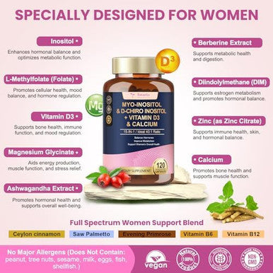 Totaria Myo-Inositol & D-Chiro Inositol Supplement For Women, Ideal 40:1 Ratio, W/Berberine, Multivitamin, Dim, Calcium, 2050 Mg Inositol For Hormone Balance, Ovarian Function, Overall Health, 120 Ct.