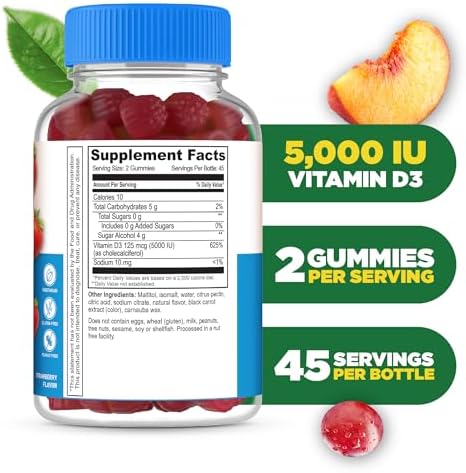 Lifeable Sugar Free Vitamin D 5000 IU Great Tasting Natural Flavor Gummy Supplement Gluten Free Vegetarian GMOFree Chewable for Immune Support and Bone Health for Adults 90 Gummies