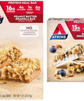 Atkins Peanut Butter Granola Protein Meal Bar High Fiber 16G Protein 1G Sugar 4G Net Carb & Blueberry Greek Yogurt Protein Meal Bar High Fiber 15G Protein 3G Sugar 5G Net Carbs