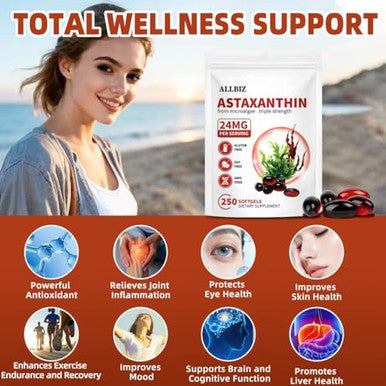 Allbiz Astaxanthin 24Mg | 250 Softgels | 250-Day Supply | Premium Antioxidant Supplement Supports Eye Skin Brain & Liver Health | Natural Microalgae Source Non-Gmo Gluten Free