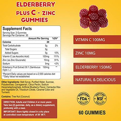 Alfa Vitamins Elderberry + Vitamin C & Zinc Gummies Promotes Healthy Immunity Supports Brain Function Antioxidants 60 Gummies
