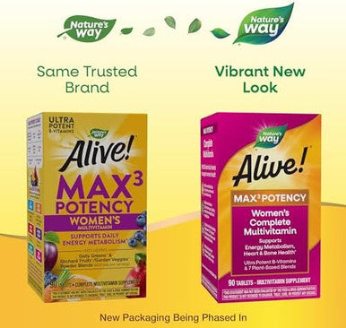 Nature'S Way Alive Max3 Potency Women'S Complete Multivitamin, Supports Energy Metabolism, Heart & Bone Health, With B-Vitamins Including Methylated B12 And Folate, 90 Tablets (Packaging May Vary)