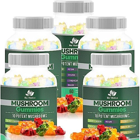 Bio Vitalica Mushroom Gummies " 10 Mushroom Complex With Lions Mane Reishi Chaga Cordyceps & More " Fruity Vegan Gummies " Nongmo Gluten Plantbased " 4 Packs