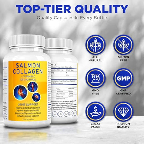 Salcoll Premium Marine Collagen Capsules 120 Count Fish Collagen Supplement For Joint Support Skin Hair & Nails