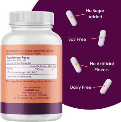 Bestvite TUDCA 250mg (60 Capsules) (Tauroursodeoxycholic Acid) - No Stearates - Gluten - Non GMO