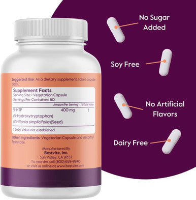 Bestvite 5-HTP 400mg per Capsule (60 Vegetarian Capsules) - No Stearates - Vegan - Non GMO - Gluten - Extra Strength 5HTP