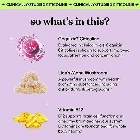 Lemme Focus Concentration & Brain Health Gummies With Cognizin Citicoline Lion'S Mane Mushroom Vitamin B12 To Support Focus Concentration - Gluten Free Caffeine Free Strawberry (50 Count)